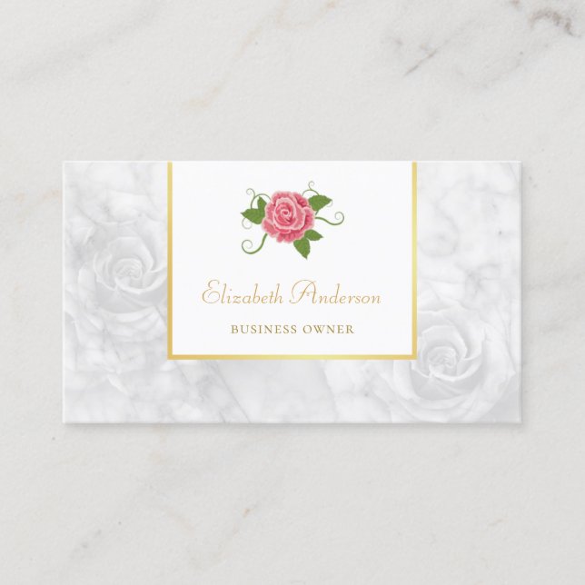 Carte De Visite Elégant Marbre blanc Gold Frame et Rose rose (Devant)