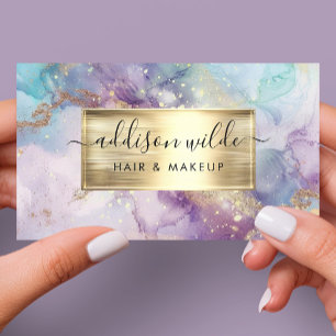 Carte De Visite Elégant marbre Turquoise violet et or Aquarelle QR