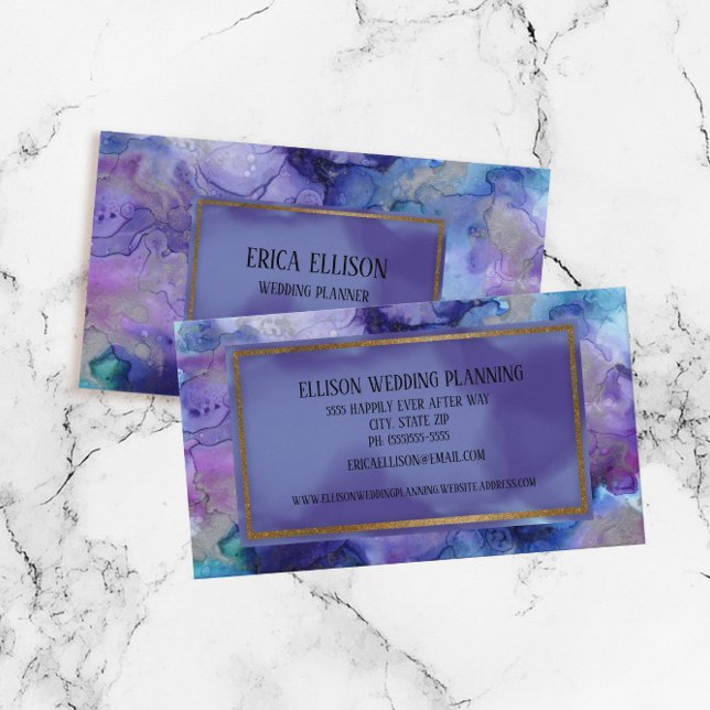 Carte De Visite Élégant Mariage d'aquarelle bleu moderne violet (Blue and purple watercolor Wedding Planner business cards)