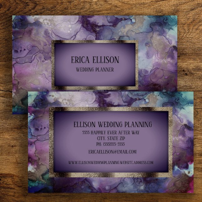 Carte De Visite Élégant Mariage moderne violet violet argent (Purple and blue watercolor business card)