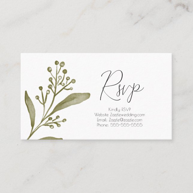 Carte De Visite Elégant Mariage RSVP à aquarelle verte de la branc (Devant)