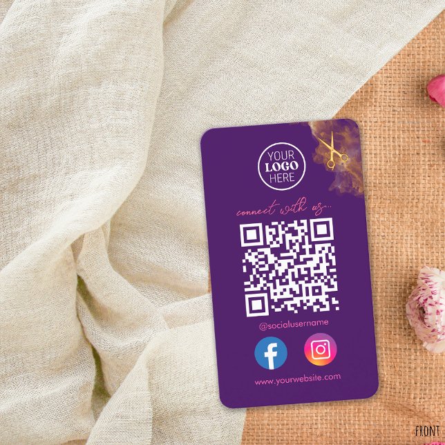 Carte De Visite Elégant médias sociaux violet QR Code Ciseaux or (Créateur téléchargé)