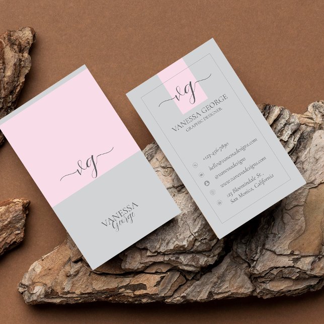 Carte De Visite Élégant mignon rose gris moderne Monogramme person (Elegant Cute Pink Grey Modern Monogram Custom Business Card)