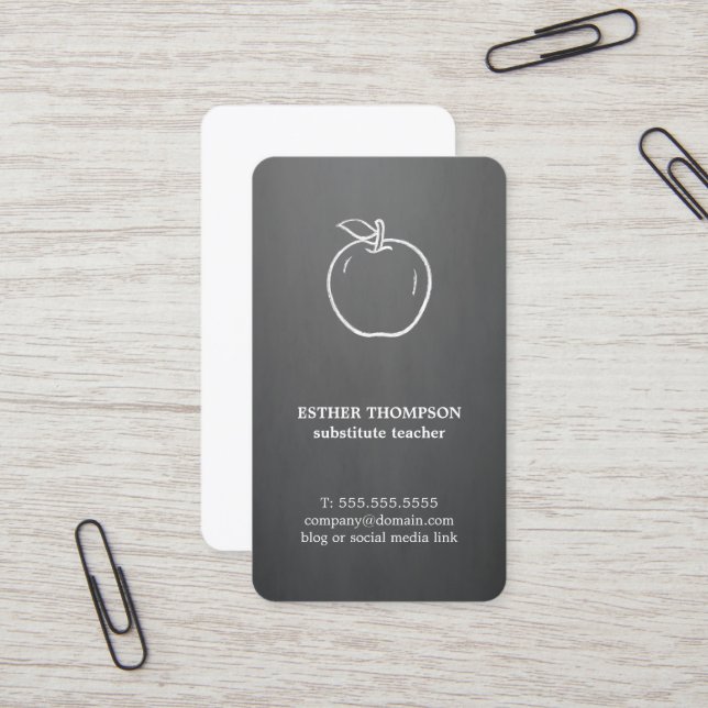 Carte De Visite Élégant minimal Gris Blanc Pomme enseignant  (Devant/Arrière en situation)