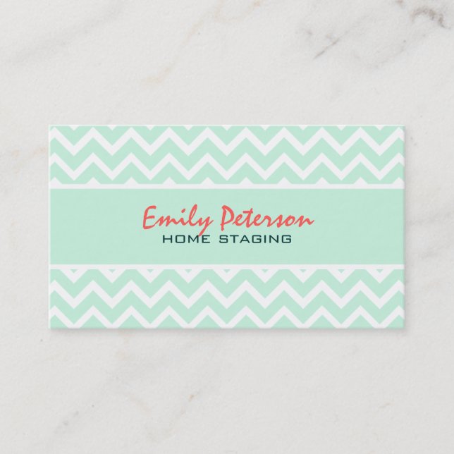 Carte De Visite Elégant Mint Green Chevron Et Arrière - plan Blanc (Devant)