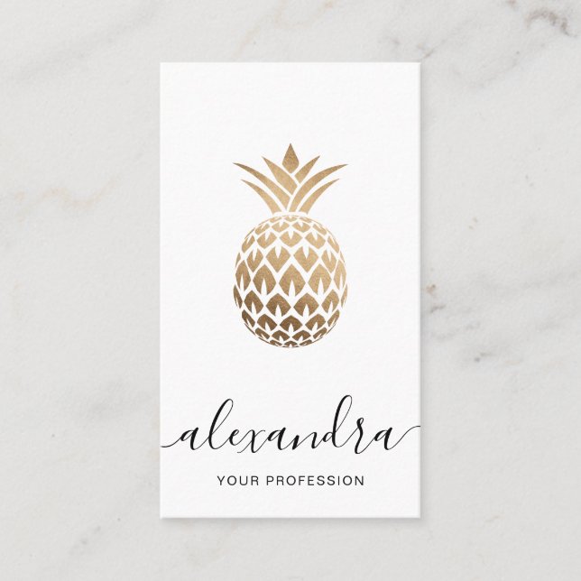Carte De Visite Élégant minuscule ananas en cuivre doré blanc (Devant)