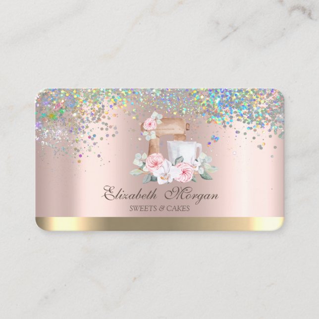 Carte De Visite Élégant Mixer Fleur Confetti Rose Boulangerie Or (Devant)