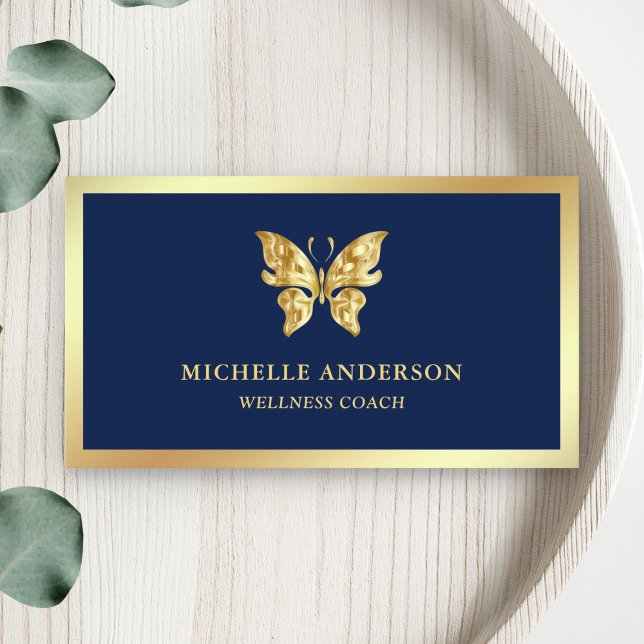Carte De Visite Élégant Moderne Chic Papillon Feuille D'or Bleu (Créateur téléchargé)