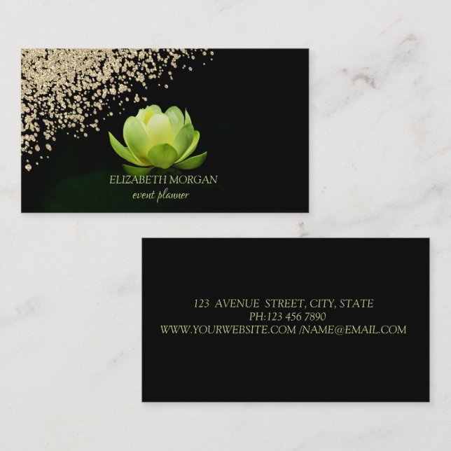 Carte De Visite Élégant moderne élégant Diamants Or Vert Lotus (Devant / Derrière)