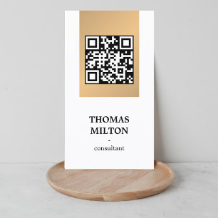Carte De Visite Élégant Moderne Faux Code QR Blanc Rayure Dorée