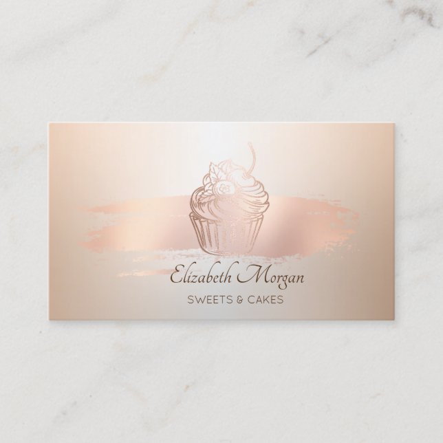 Carte De Visite Élégant, moderne, Rose pinceau or brosse Cupcake (Devant)