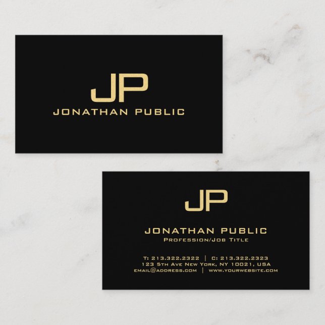 Carte De Visite Elégant Monogram Black & Gold Luxury Premium Pearl (Devant / Derrière)