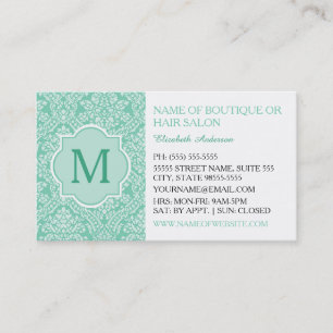 Carte De Visite Élégant Monogramme Feminine Mint Damask Boutique