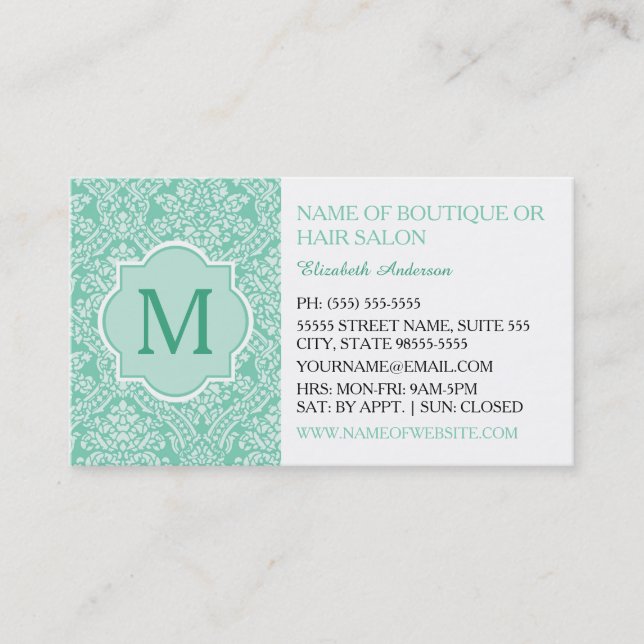 Carte De Visite Élégant Monogramme Feminine Mint Damask Boutique (Devant)