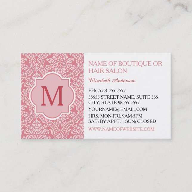 Carte De Visite Élégant Monogramme Feminine Rose Damask Beauté Sal (Devant)