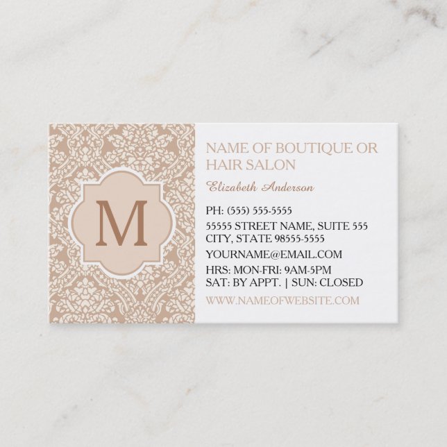Carte De Visite Élégant Monogramme Feminine Tan Damask Coiffeur Sa (Devant)