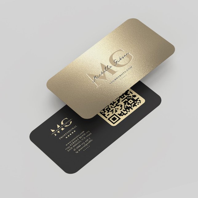 Carte De Visite Élégant Monogramme moderne Faux Gold Professional  (Elegant Modern Monogram Black Gold Professional QR Business Card
)