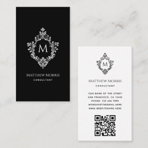 Carte De Visite Élégant Monogramme noir blanc QR Code Vintage Cres