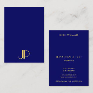 Carte De Visite Élégant Monogramme Or Modèle Marine Bleu Vertical