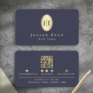 Carte De Visite Élégant monogramme ovale doré brillant bleu marine