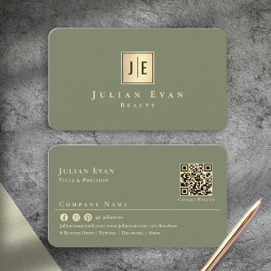 Carte De Visite Élégant Monogramme Vert Sauge Or