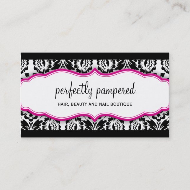 Carte De Visite élégant motif damassé noir fuschia rose (Devant)