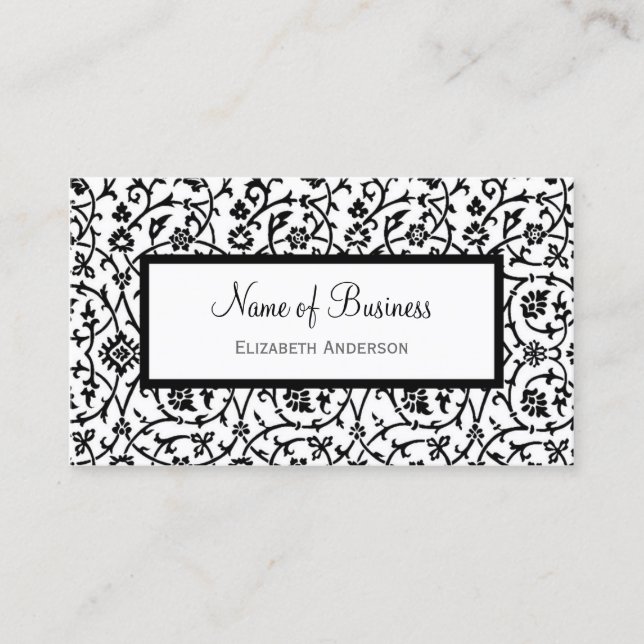 Carte De Visite Élégant motif de Damas florales noir et blanc (Devant)