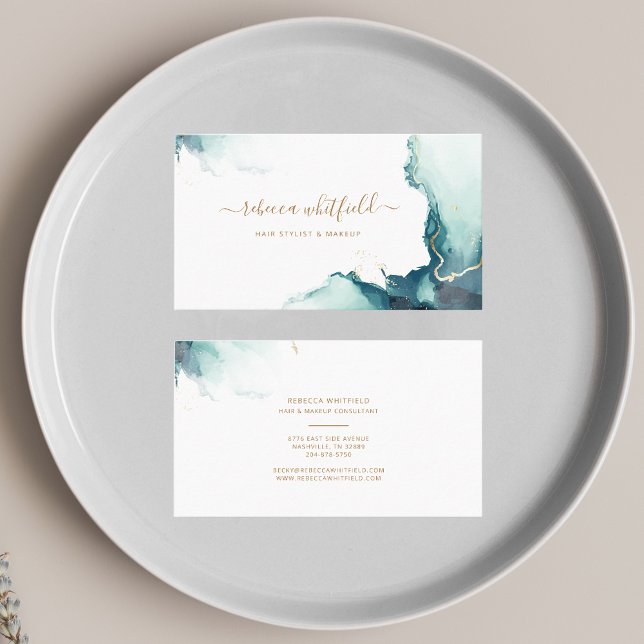Carte De Visite Élégant Motif de marbre doré Agate (Emerald Agate Script Hair Stylist Gold Text Business Card)