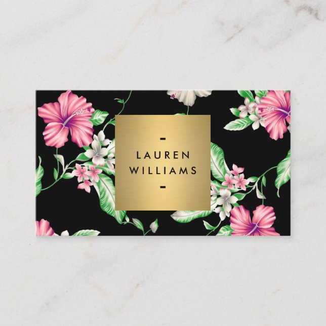 Carte De Visite Élégant motif floral tropical sur noir (Devant)
