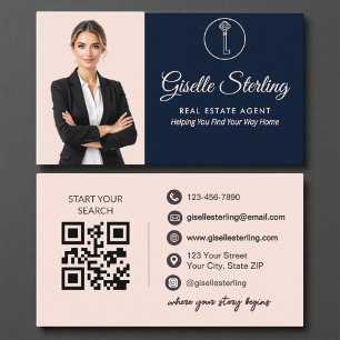 Carte De Visite Elegant Navy Blush Photo Agent immobilier QR Code