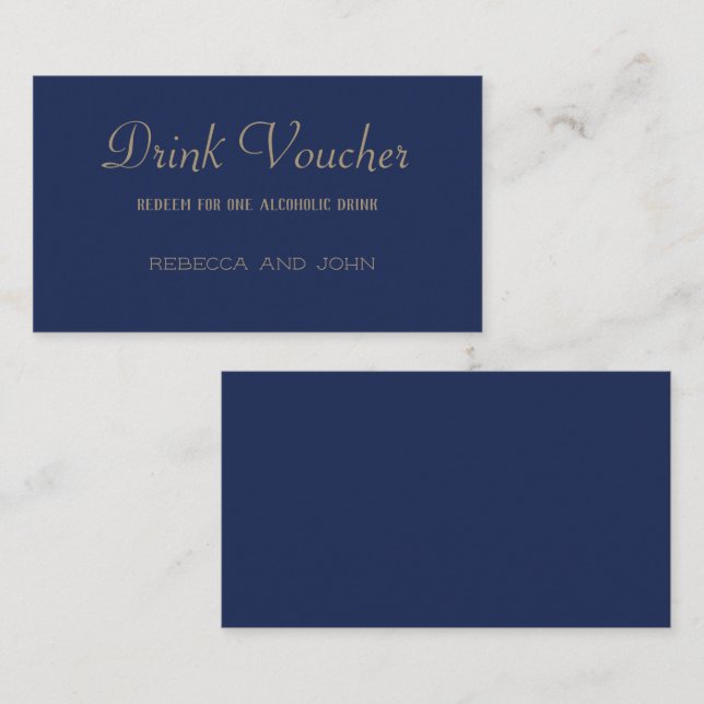 Carte De Visite Elegant Navy Gold Wedding Drink Voucher Card (Devant / Derrière)