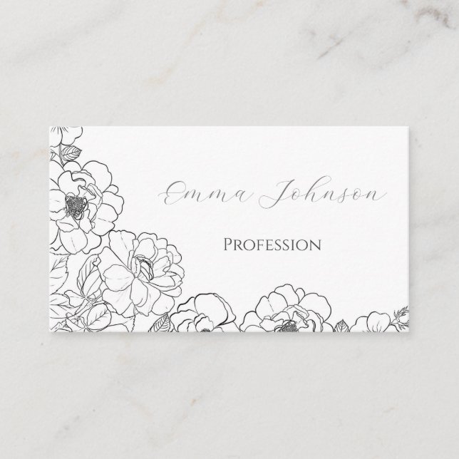 Carte De Visite Elégant noir blanc Rose ligne art floral (Devant)