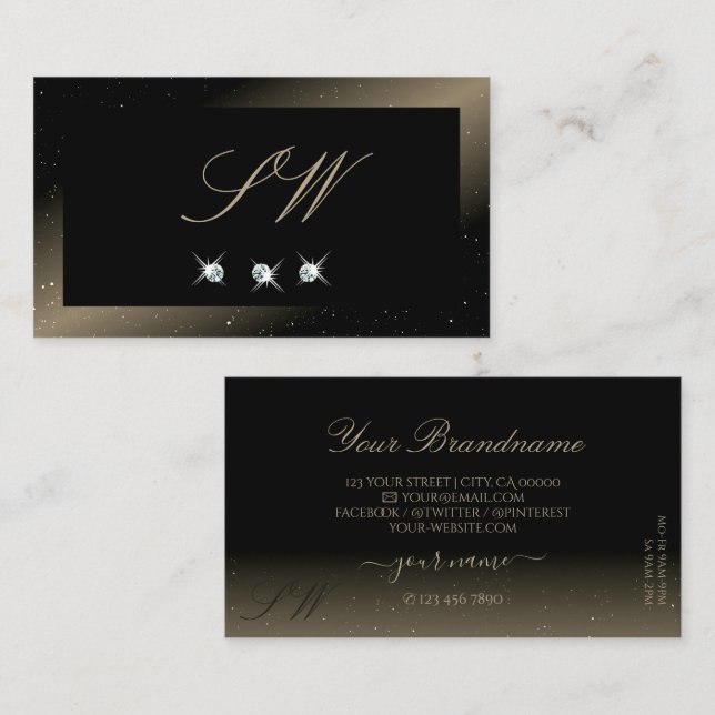 Carte De Visite Élégant noir Brown brillant Diamants Monogramme (Devant / Derrière)