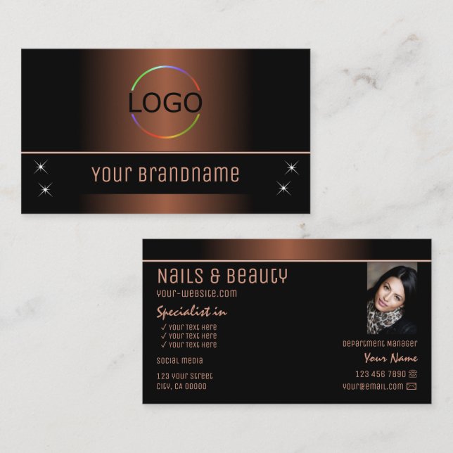 Carte De Visite Élégant noir Brown élégant avec logo et photo (Devant / Derrière)