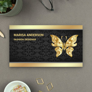 Carte De Visite Elégant Noir Chic Damask Faux Gold Foil Papillon