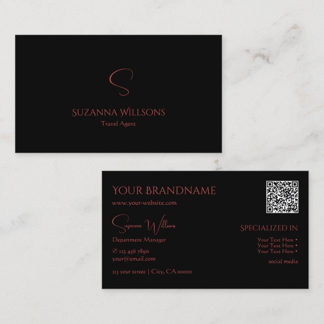 Carte De Visite Élégant noir clair avec Monogramme et QR-Code (Devant / Derrière)