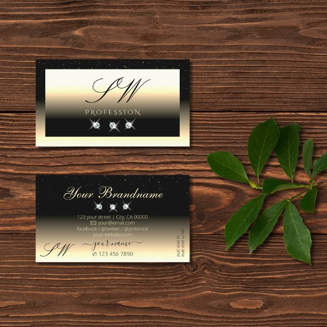 Carte De Visite Élégant Noir Crème Or Sparkle Diamonds Initiales (Créateur téléchargé)