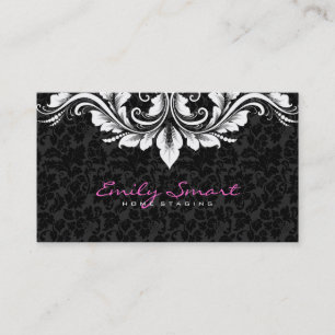 Carte De Visite Elégant noir Damas Blanc Floral dentelle