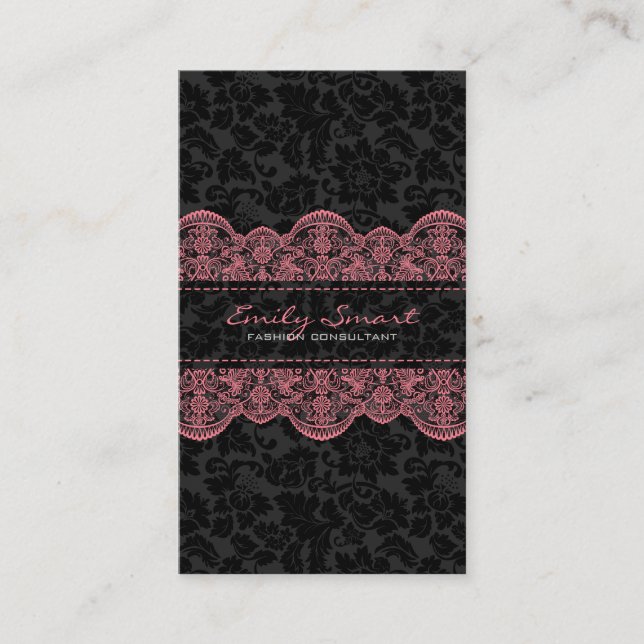 Carte De Visite Elégant noir Damas dentelle rose (Devant)