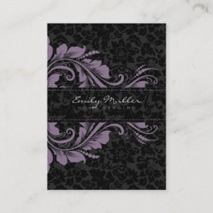 Carte De Visite Elégant noir Damas et ornement floral violet