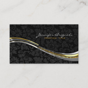 Carte De Visite Elégant Noir Damas Or Et Argent Accents
