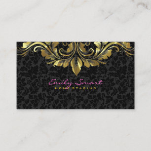 Carte De Visite Elégant noir Damas Or Floral dentelle 2
