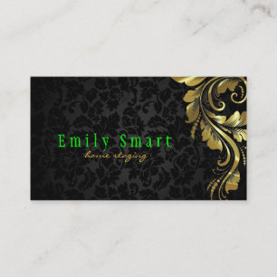 Carte De Visite Elégant noir Damas Or Floral dentelle 4
