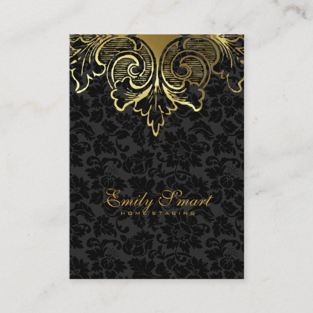 Carte De Visite Élégant noir Damas or ornement floral (Devant)
