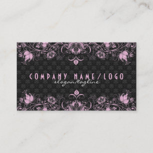 Carte De Visite Elégant noir Damas & Pastel rose floral perles 2