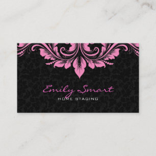 Carte De Visite Élégant noir Damas rose florale torrents