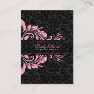 Carte De Visite Élégant noir Damas rose ornement floral 2