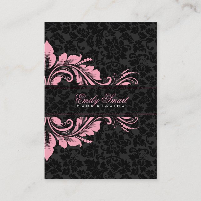 Carte De Visite Élégant noir Damas rose ornement floral 2 (Devant)