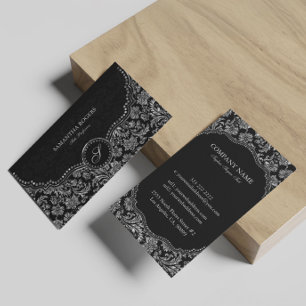 Carte De Visite Elégant noir et argent Vintage Damas florales