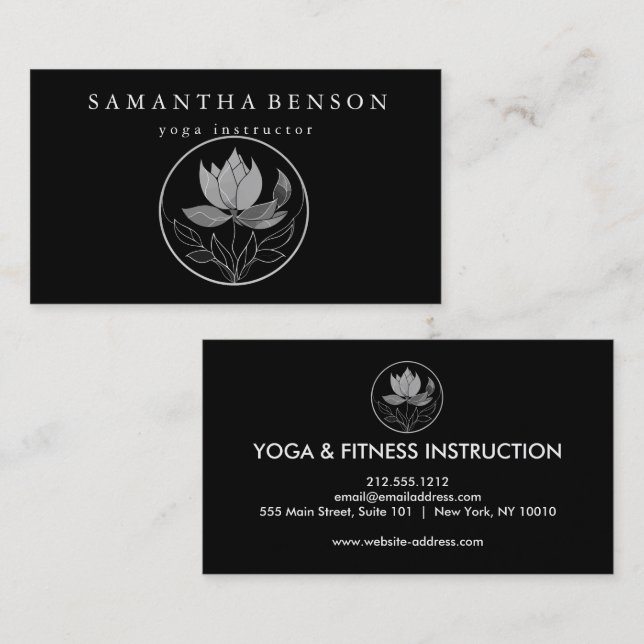 Carte De Visite Élégant noir et blanc Lotus Flower Logo Yoga (Devant / Derrière)